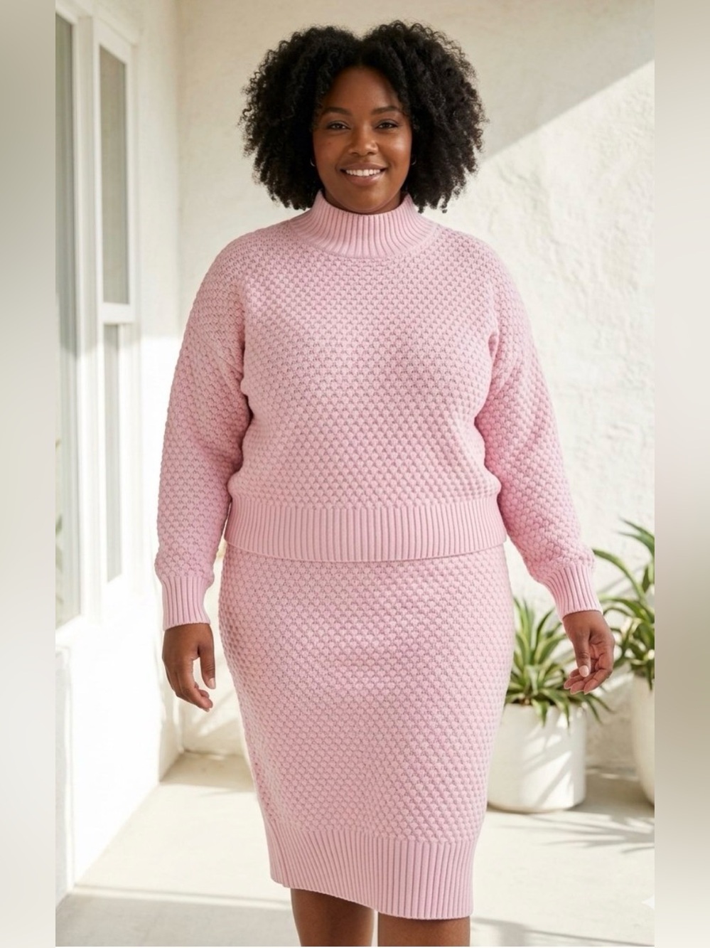 Eloquii Pale Pink Textured Barbiecore Two Piece Sweater and Skirt Set NWT